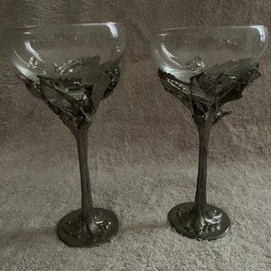 CASTOR COOPER PEWTER FOOTED STEMS wine water glasses - Pair
